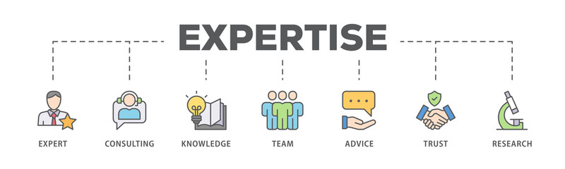 Expertise banner web icon illustration concept representing high-level knowledge and experience with an icon of expert, consulting, knowledge, team, advice, trust, and research