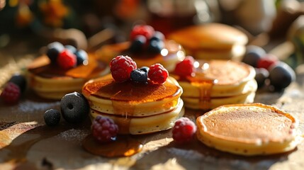miniature pancakes with syrup and berries, featuring perfectly golden and fluffy tiny pancakes arranged on a mini breakfast scene