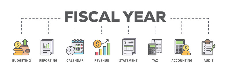 Fiscal year banner web icon illustration concept with icon of budgeting, reporting, calendar, revenue, statement, tax, accounting, audit
