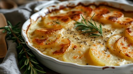 Baked sliced potato with melted cheese and creamy white sauce served on a white dish in the oven