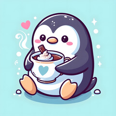 Cute cartoon sticker of a penguin drinking a hot chocolate