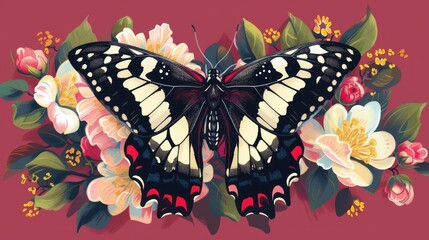 a black and white butterfly sitting on top of a pink background with flowers on the bottom and bottom of the wings.