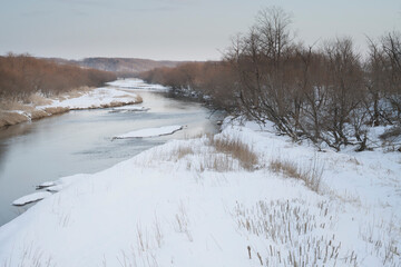 Wintery landscape of river bed at Kushiro, Tsurui, Hokkaido, Japan at Otowa bridge.