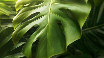 Green leaves of Monstera philodendron plant growing in wild, the tropical forest plant, evergreen vines abstract color on dark background.