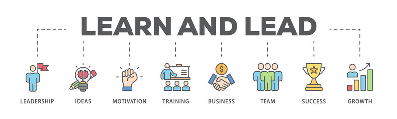 Learn and lead banner web icon illustration concept with icon of leadership, ideas, motivation, training, business, team, success, and growth