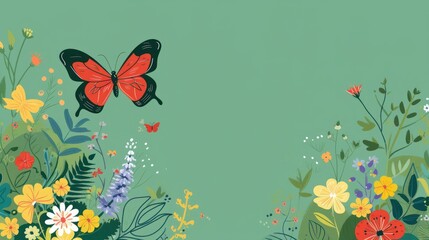 a painting of a red butterfly flying over a field of wildflowers and daisies on a green background.