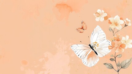 a painting of a white butterfly and flowers on a peach background with a butterfly flying over the top of the flowers.
