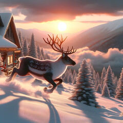 a reindeer running at sunset in the snow