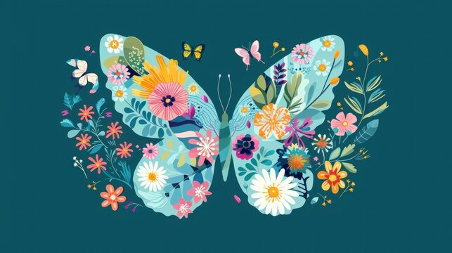 a blue butterfly with colorful flowers and leaves on it's wings, on a dark blue background, with a green back ground.