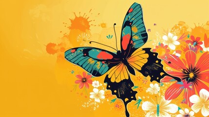 a painting of a blue butterfly on a yellow background with white, pink, and orange flowers and splashes of paint.