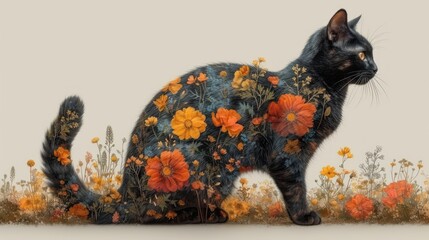 a painting of a black cat with orange and yellow flowers on it's body, standing in front of a field of yellow and orange flowers.