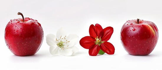Three red apples and a red flower on a white background. The beautiful magenta flower resembles a petal of three red apples, creating an artistic display of natural foods and vibrant colors.