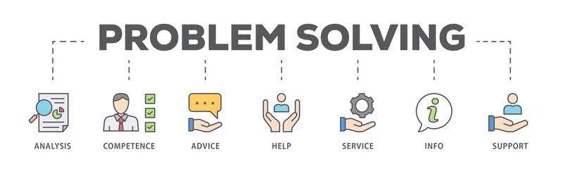 Problem solving banner web icon illustration concept with icon of analysis, critical thinking, creativity, emotional intelligence, research, team building, risk management, decision making
