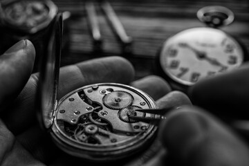 Watchmaker workshop. Mechanical watch repair process