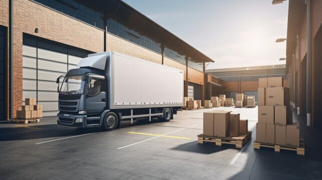 Truck at warehouse with packages ready for delivery