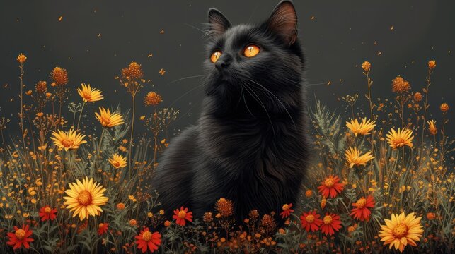 a painting of a black cat sitting in a field of yellow and red wildflowers with a dark background.