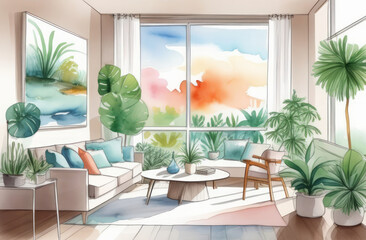 Apartment in light colors and lots of plants, landscaping in a large apartment