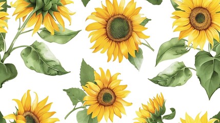 The Seamless pattern of sunflower and leaves on white background in flat Illustration about sunflower for banner , background and greeting card.