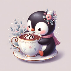 Cute penguin drinking a hot chocolate