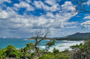 View of the picturesque bay of Squeaky Beach, Wilsons Promontory National Park, Victoria, Australia, with small islands off the cape, forested hills and a blue, cloudy sky
