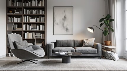 Living room style, Grey sofa pillows and comfortable armchair with wooden bookcase, abstract poster frame. Scandinavian Modern living room interior with minimal decoration