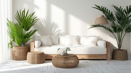 Minimalist Living room style, wooden white sofa pillows near palm plants with rattan coffee table and white walls. Scandinavian Modern living room interior with minimalist decoration
