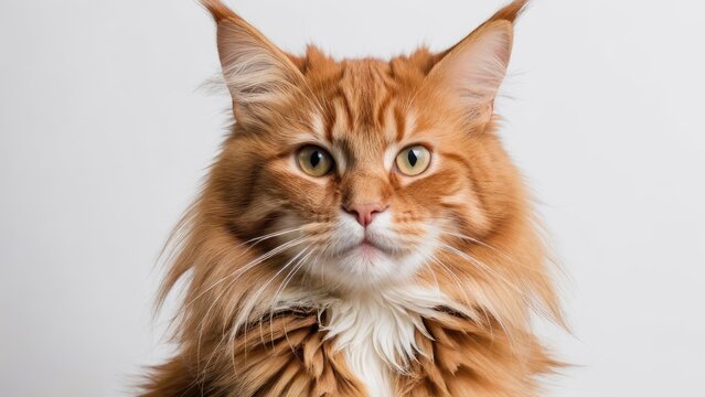 Portrait of Red maine coon cat on grey background