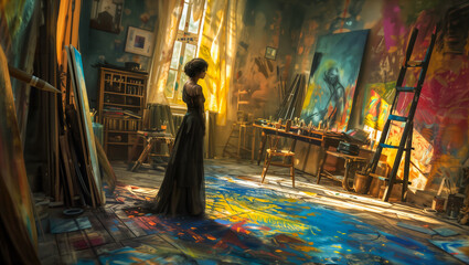 Fantasy illustration of a young woman standing in her first personal studio, unable to believe that she has achieved it.