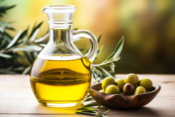 Extra virgin olive oil in a glass bottle with fresh olives on rustic wooden table with olive trees. Spanish mediterranean diet.