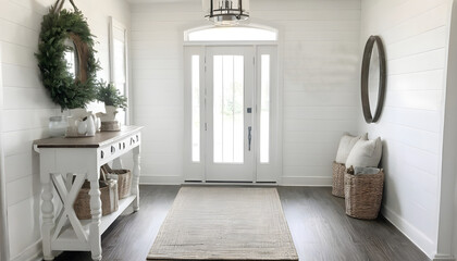 gray and white farmhouse decor in foyer