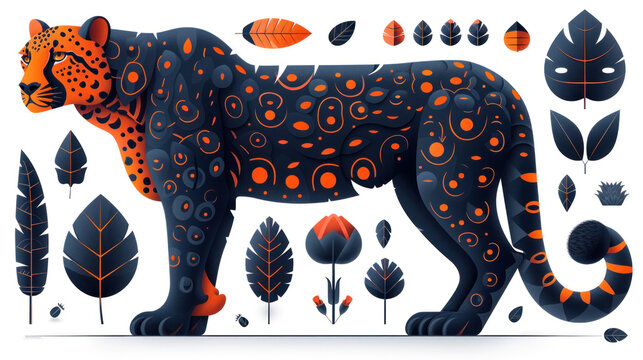 a painting of a leopard surrounded by plants and leaves in orange, black, and orange colors on a white background.
