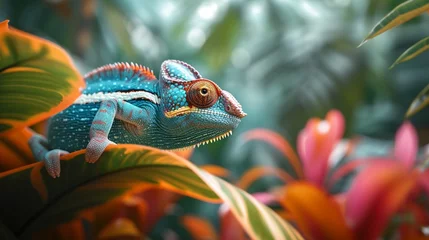 Ingelijste posters A chic chameleon perched on a tropical leaf. © Shamim