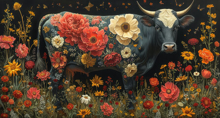 a painting of a cow in a field of flowers with a bird sitting on the cow's hind end.