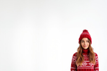 femme blonde en tenue de ski avec un pull rouge et blanc et un bonnet en laine assorti avec un pompon, sur un fond blanc avec espace n&eacute;gatif pour texte, copyspace