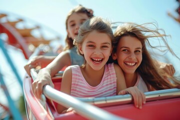 Fototapeta na wymiar Joyful family experience Mother and children enjoying a rollercoaster ride Concept of fun and adventure in amusement parks