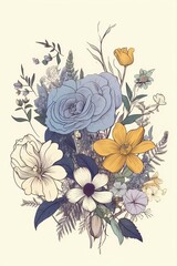 bouquet of flowers, illustration of flowers in different colors, abstract background, generative ai