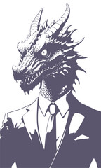 Businessman is associated with a dragon. A dragon in a business suit exudes power and authority. A collage of modern business. The union of man and animal.