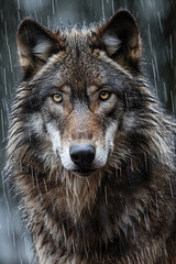Dark grey wolf in its natural habitat with a close-up portrait shoot. Generative AI