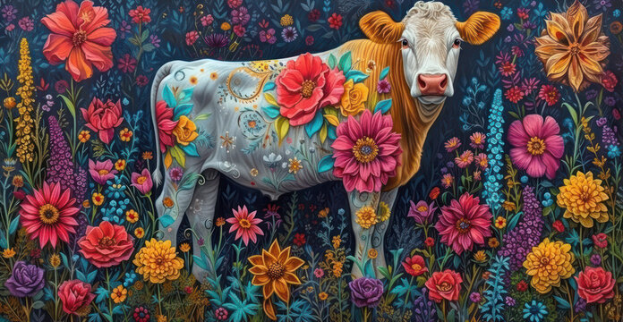 a painting of a cow standing in a field of flowers with a blue sky in the back ground and red, yellow, and pink flowers in the foreground.