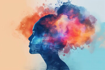 Mental health and creative abstract concept Colorful illustration of a happy woman's head Concept of mindfulness and self-care