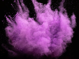 Explosion of purple powder, dust smoke on black background