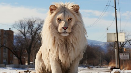 White lion in winter weather.