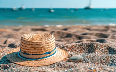 Fototapeta na wymiar The concept of beach holidays and tourism. Straw hat, slates and shorts on a pebble beach by the sea. Summer holidays