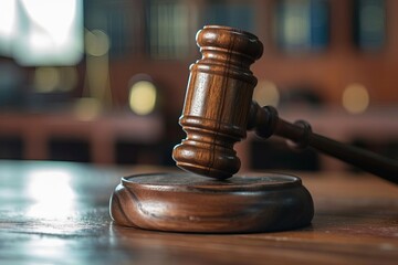 Close-up of a gavel on a judge's desk Concept of law and order and judicial proceedings