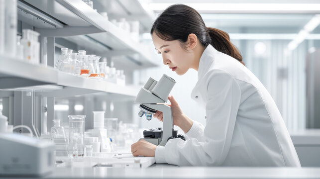 白衣を着て顕微鏡を除く研究員の女性