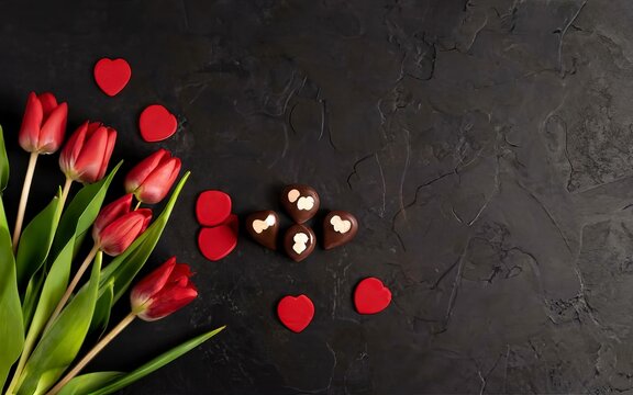 Valentines day dark background. Chocolate hearts and red tulips. Copy space. Love and concept