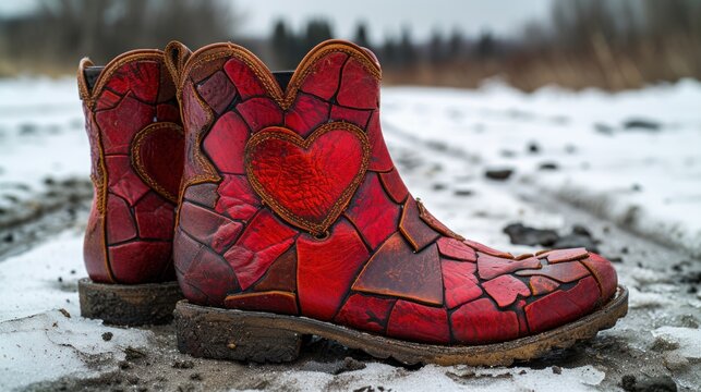 traveling in red boots decorated with a lovingly drawn heart