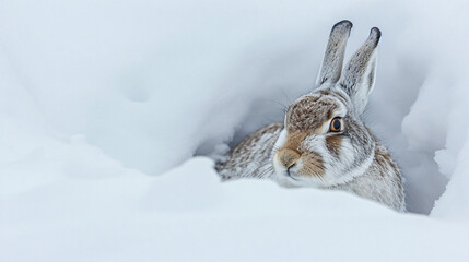 UK Scotland: Mountain Hare hiding in snow.