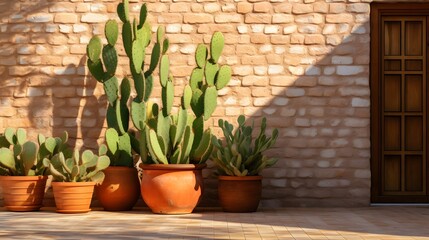 Big green cactus Euphorbia in front of brown masonry wall of stones in sunshine
