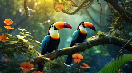 Fotobehang Two toucan tropical birds sitting on a tree branch. © John